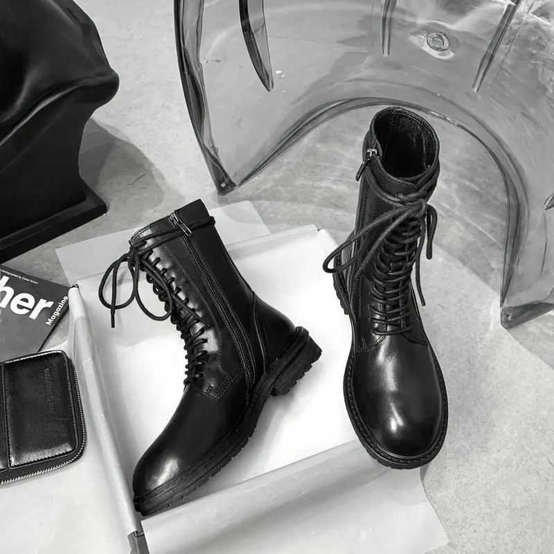 

2021 New Fashion Elegant Genuine Leather Autumn and Winter Shoes Cross-tied+ Zipper Thick Heels Boots Night Club Shoes Woman