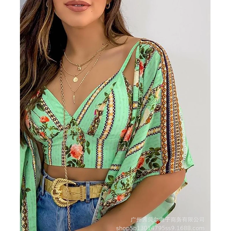 

Mandylandy Summer Short Sleeve Cardigan Irregular Coat + Spaghetti Strap V-neck Top Suit Women's Floral Printed Two-Piece Suit
