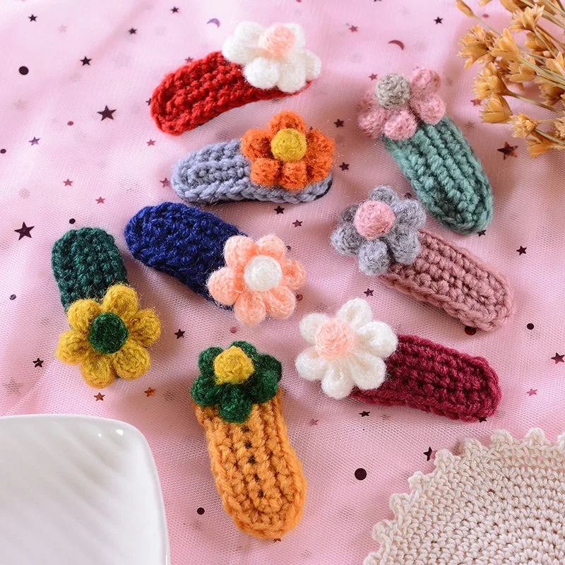 Милые детские зимние шерстяные вязаные заколки для волос с цветами аксессуары