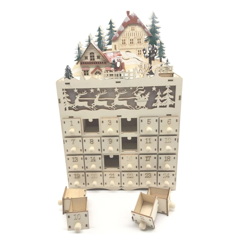 

C5AD Christmas Wooden Advent Calendar Countdown Decoration 24 Drawers with LED Light