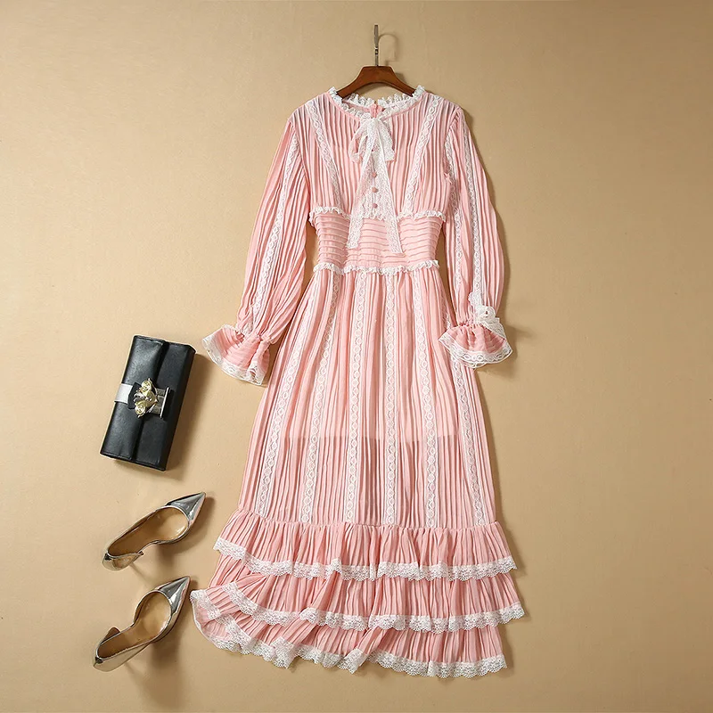 HIGH QUALITY New Fashion 2019 Designer Runway Dress Women's Long Sleeve Lace Patchwork Pleated Midi | Женская одежда