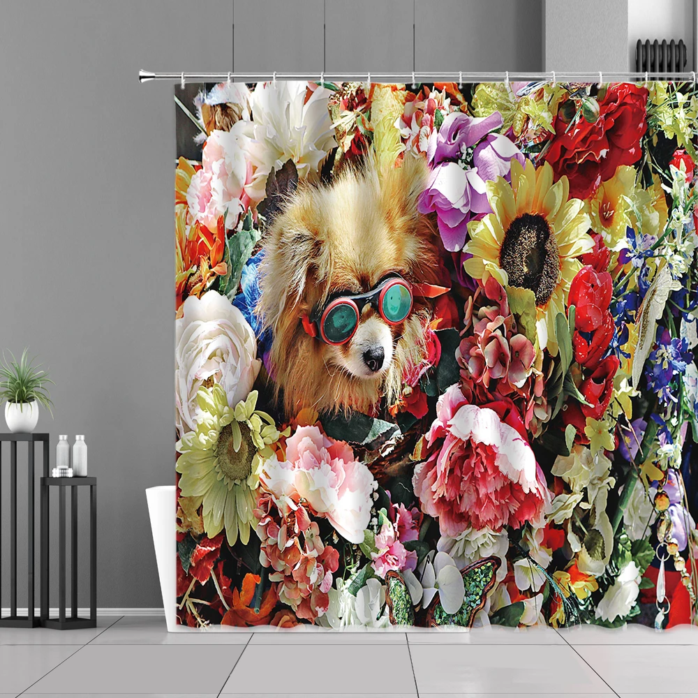 

Lovely Dogs Shower Curtain Colorful Flowers Scenery Oil Painting Printing Bath Curtains Bathroom Decor Cloth Waterproof Screen