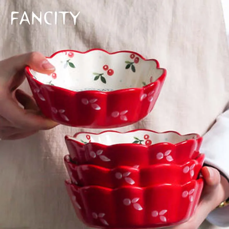 

FANCITY Creative tableware cherry bowl single cute girl heart small bowl rice bowl salad fruit breakfast bowl plate