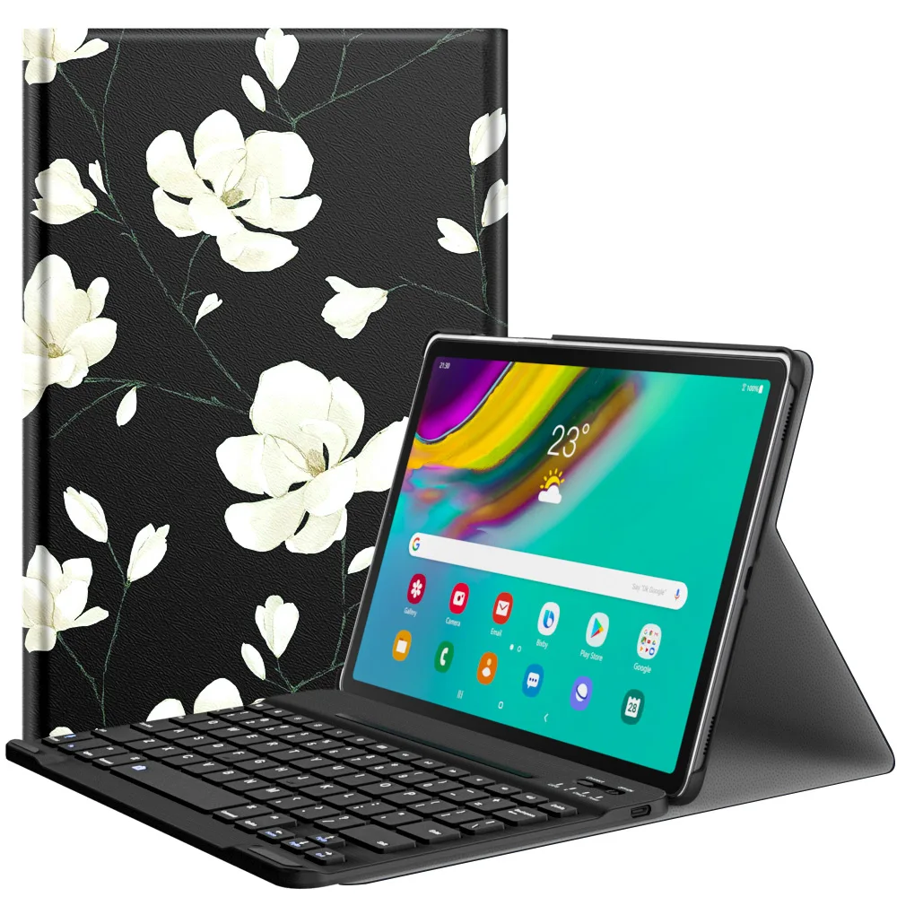 White Magnolia Чехол для клавиатуры MoKo для Samsung Galaxy Tab S5e, Премиум PU кожаный чехол-подставка с Съемная клавиатура Bluetooth чехол - Цвет: White Magnolia