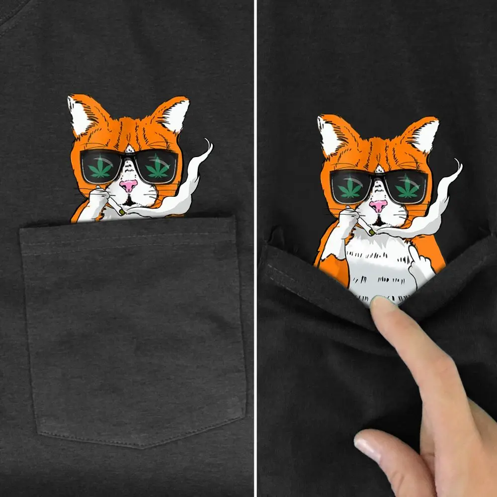 

CLOOCL Cotton Pocket T-Shirt Fashion Pocket Lovely Cat Smoking Printed T-shirt Casual Harajuku Unisex Cotton Tops