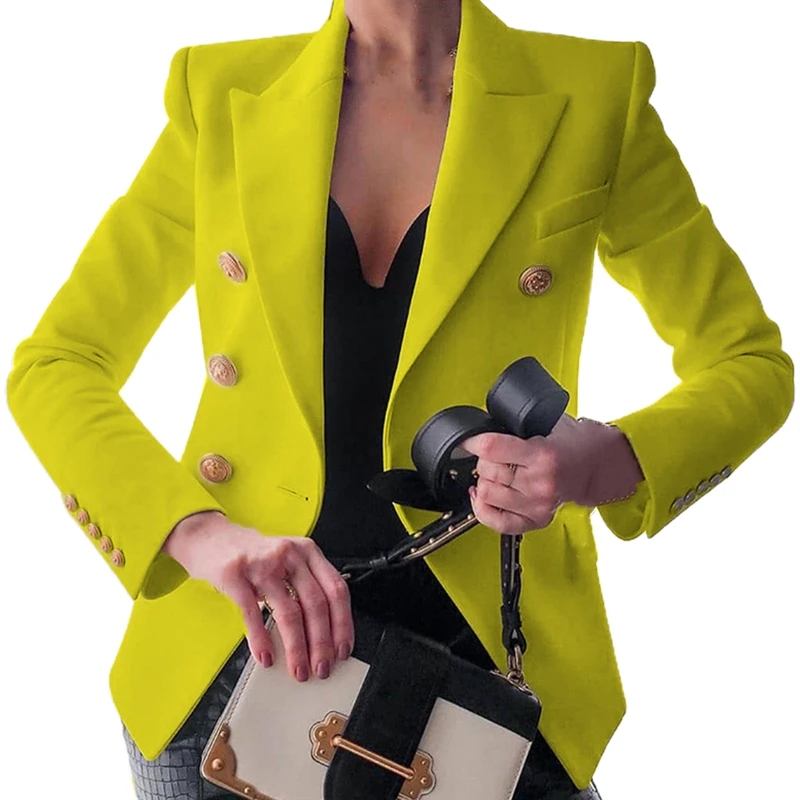 

Women Vintage Lapel Pocket Blazer Jacket Double Breasted Solid Color Slim Coat XX9D