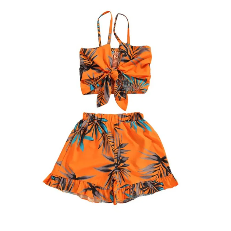 

2Pcs Girl Tops and Shorts Suit Bowknot Sling Summer Shirt Leaf Printed Beach Vest Loose Pants Orange Summer Girls Set 1-7 Years