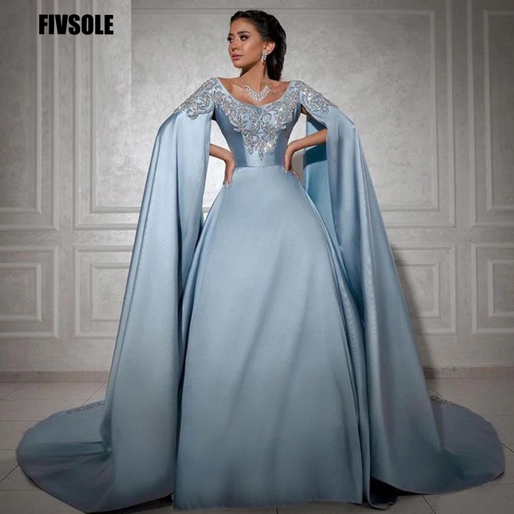 

Fivsole Sky Blue Robe De Soiree De Mariage Floor Length A Line With Cape Evening Dresses Formal Robes De Soiree
