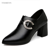 ttsdarcups new style women leather shoes soft leather comfortable high heels 6 5cm metal buckle square head large size pumps