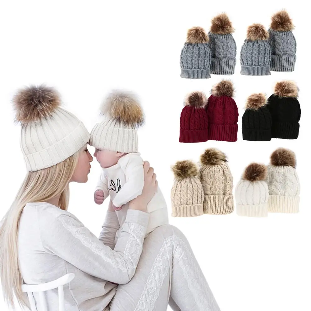 Шапки для мамы и ребенка, зимние теплые шапки из меха енота, шапки-бини для дочки, мамы, детские женские хлопковые вязаные шапки