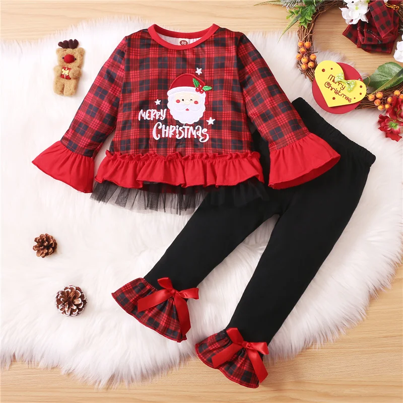 

Хлопковая футболка и брюки для девочек, комплект из 2 предметов, топы с длинным рукавом и рождественским принтом для малышей и длинные клетч...