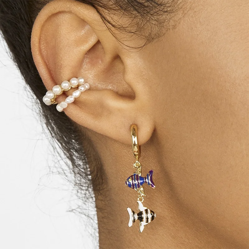 

New Fashion Fine Earring Combination Set Alloy Oil Dripping Women Fish Pendant Female Pearl Earclip Girl Personality Accessories