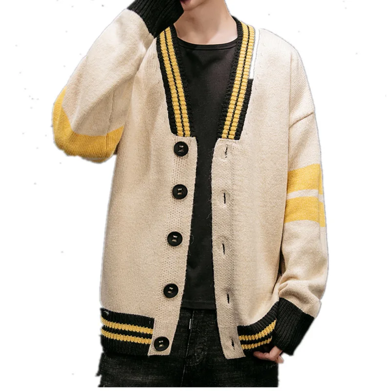 

2020 Men's Autumn Cardigan Sweater Youth Loose Striped Trendy College Style Knitted V-neck Sweater