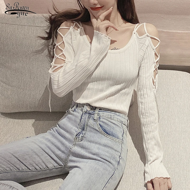 

Sexy Autumn Spring Bottoming Shirt Tops New Fashion Bandage Knit Tops Women Off Shoulder Long Sleeve Slim Blouse Blusa 18368