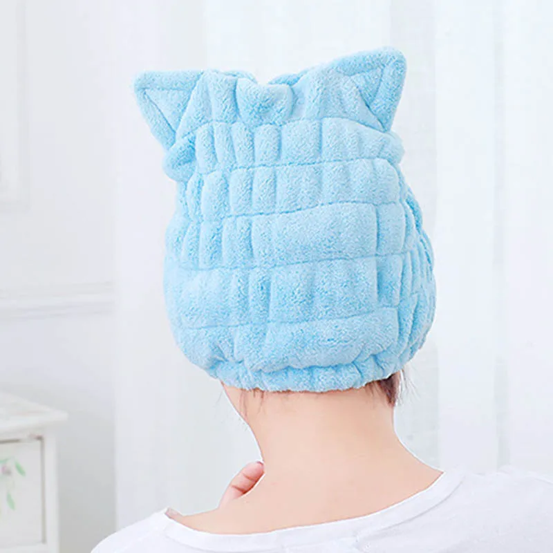 

Cat Ears Shape Cute Bath Accessories Coral Velvet Dry Hair Hat Microfiber Solid Womens Cap Drying Towel Head Wrap Hats