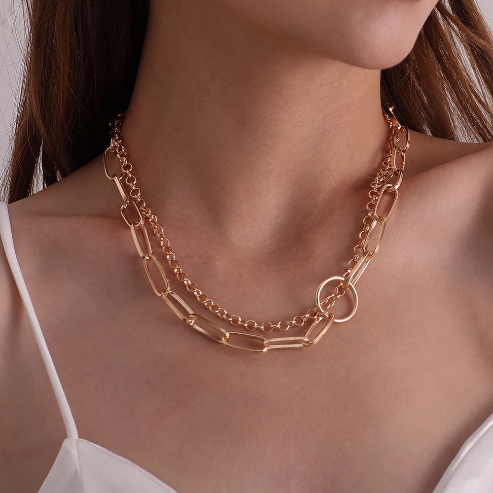

Punk Layered Chain Necklace Neck Chains for Women Vintage Hyperbole Golden Goth Hoop Metal Necklace 2021 Clavicle Jewelry