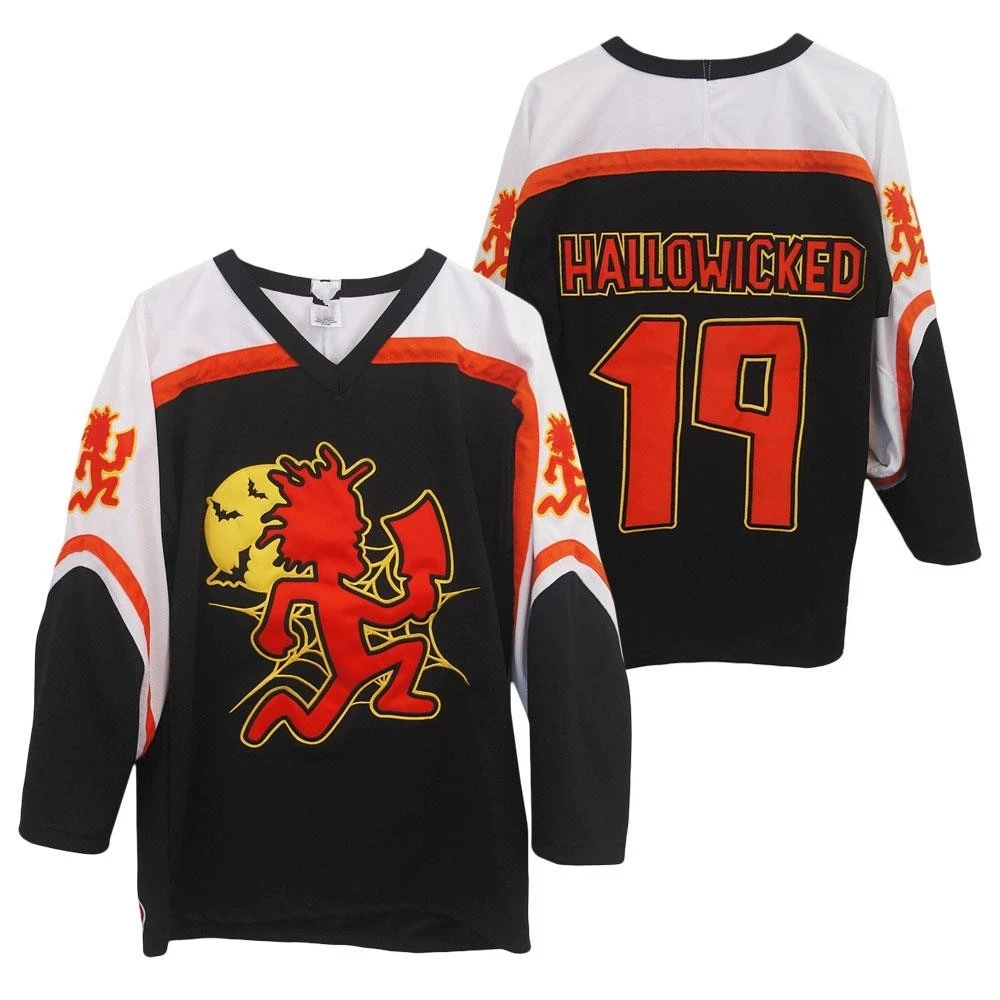 

Custom Insane Clown Posse Hallowicked 19 Orange Black White Hockey Jerseys ICP 17 Juggalo Black White Hockey Stitched Logos Cust