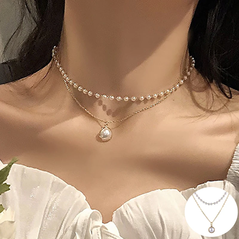 

EN 2020 New Double Layer Chain Gold Choker Necklace Women Korean Style Pearl Pendant Necklace Fashion Jewelry Collar Gifts Party