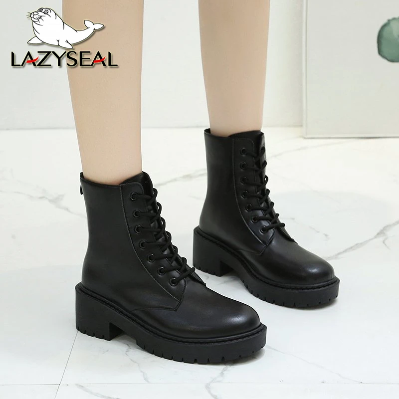 

Женские ботинки Lazyseal 6 см на платформе и квадратном каблуке, на шнуровке, с круглым носком, сапоги на массивном каблуке из искусственной кожи...