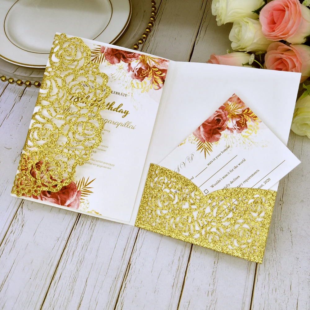 50X блестящие свадебные приглашения золотые посыпать персонализированные печати