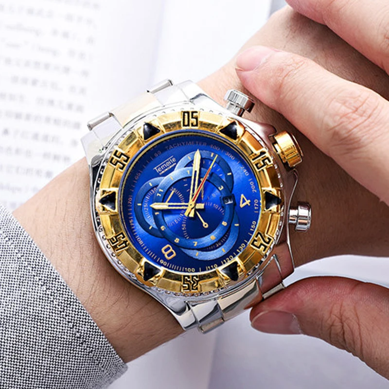 Temeite золотые часы мужские роскошные Брендовые с большим циферблатом наручные