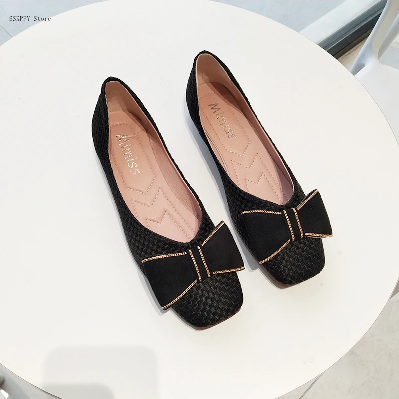 Ladies Ballet Flats Ladies Square Toe Soft Sole Non-slip Woven Leather Casual Shoes with Sweet Bow Loafers Brown Lolita Shoes