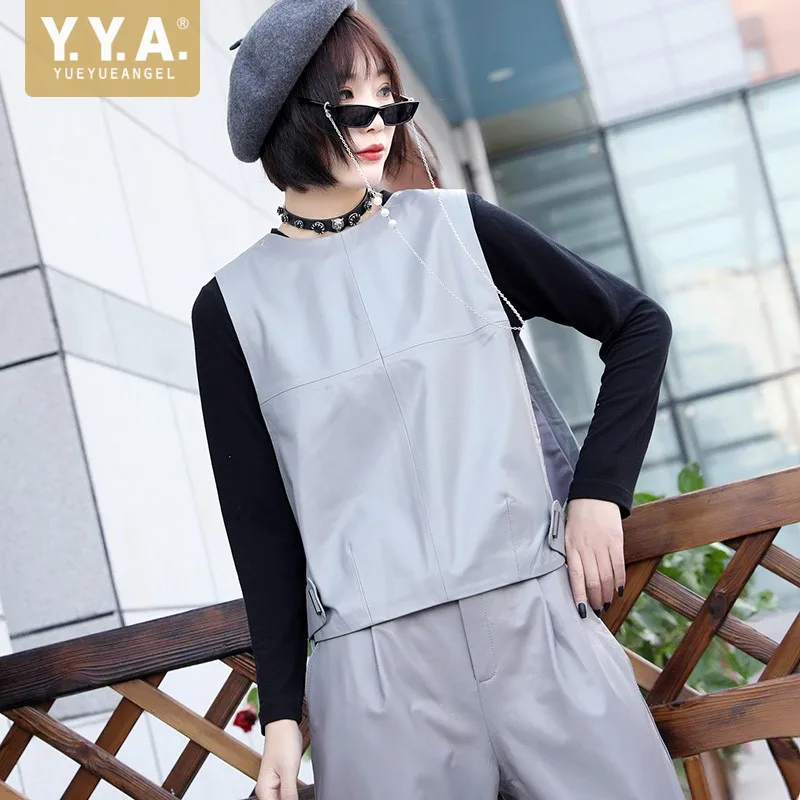 

Женский Повседневный жилет без рукавов из овчины, Осенний пуловер, открытый жилет из натуральной кожи, уличная одежда с круглым вырезом, жил...