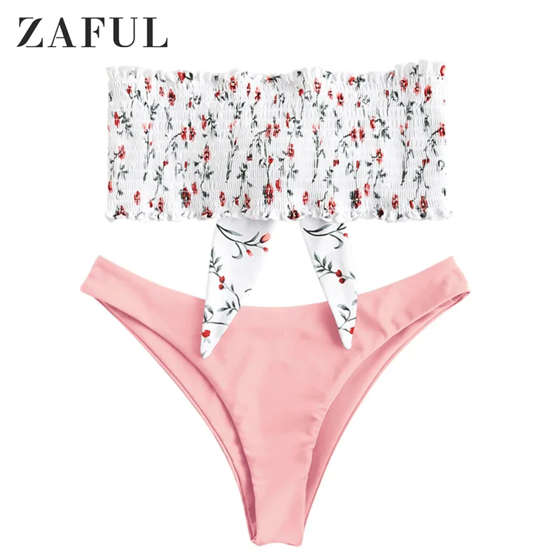 Light Pink ZAFUL Бикини Растрепанный Растительный Принт Bandeau Bikini Set Женщины Без Бретелек Купальник Без Проводов Эластичный Купальник С Низкой Талией Без Подкладки - Цвет: Light Pink