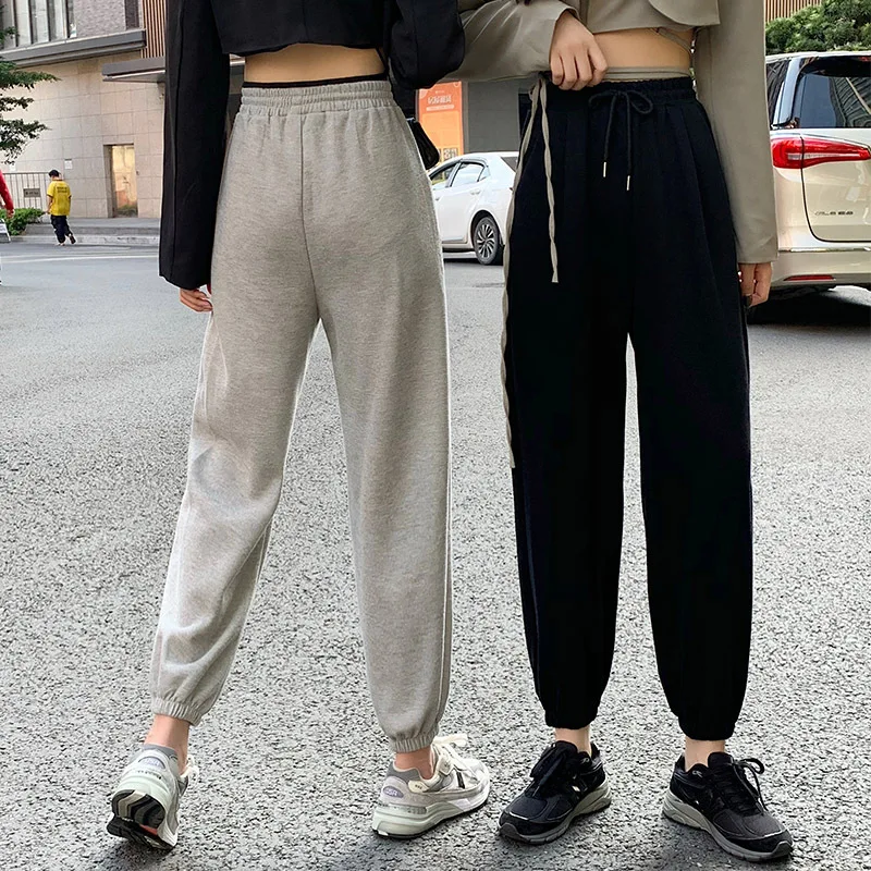 

High Waist Harem Pants Drawstring Casual Black Loose Ins Gray Straight Pantalones Spring Elastic Waist Korean Trousers 2021