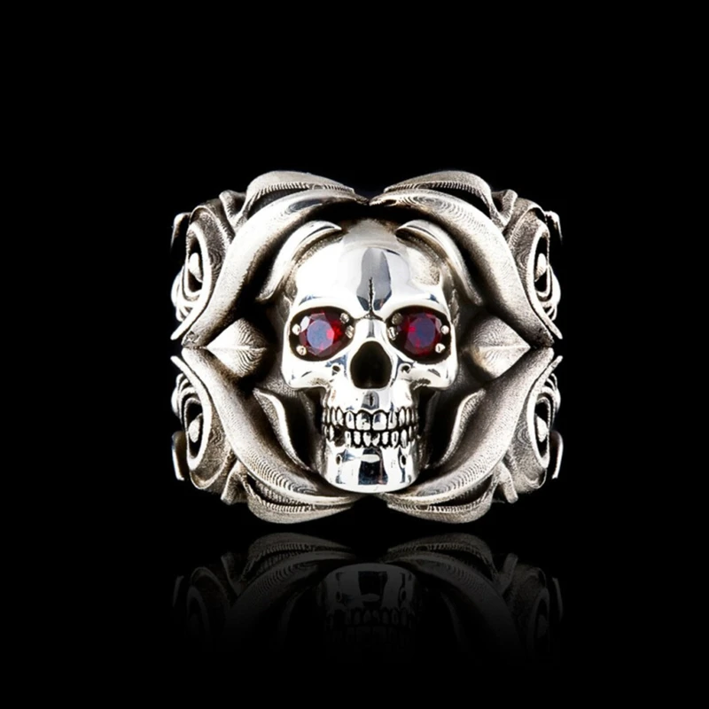 

Exaggerated Skeleton Head With Red Gemstone Eye Finger Ring Men Punk Rose Flower Pattern Carved Silver Color Ring Jewelry