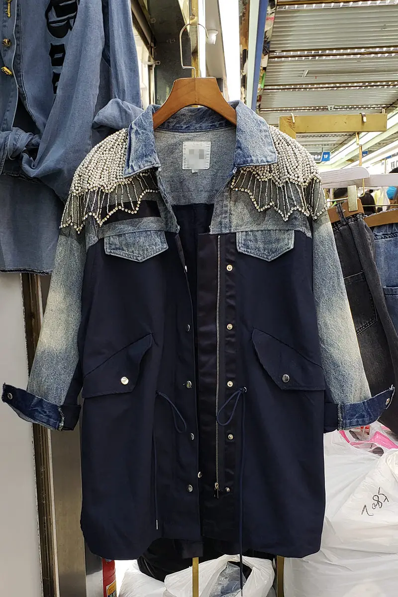 

Personality Denim Coat Women 2020 Spring Autumn New Diamond Beaded Denim Stitching Mid-length Windbreaker Jacket Jeans Top K774