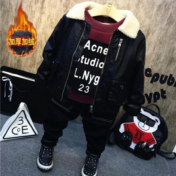 3 шт. детский комплект одежды из искусственной кожи свитера и джинсов с плюшевой