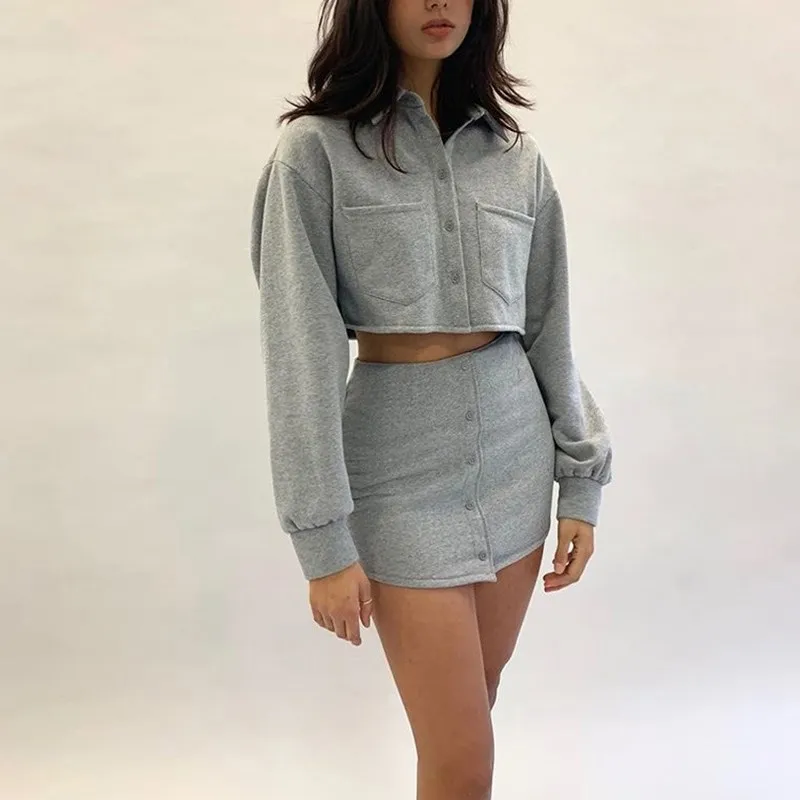 Fall Women Bodycon Skirt Suits Turn-Down Collar Jacket Crop Top And Mini Set Short Gray Female Long Sleeve | Женская одежда