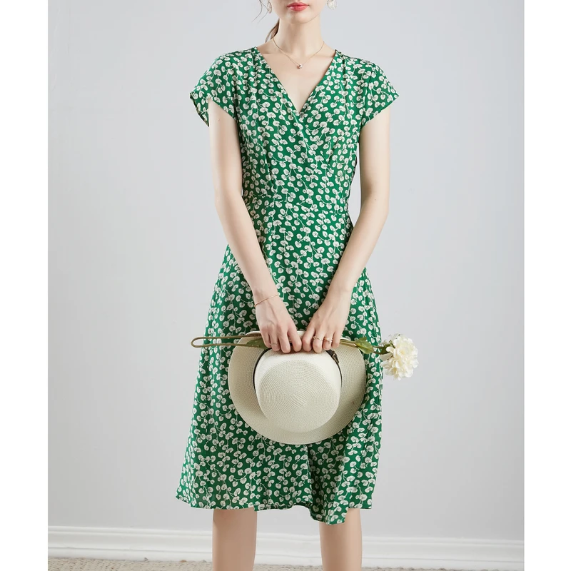 Платье SuyaDream женское с V-образным вырезом шелковое пляжное зеленое запахом