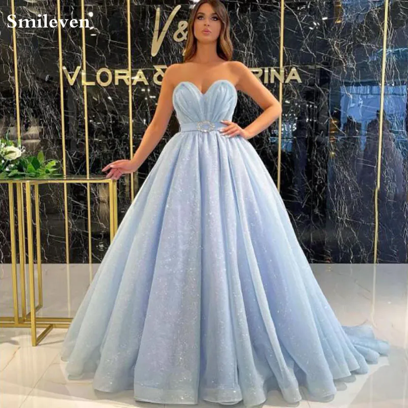 

Smileven Shiny Sky Blue Sweetheart Formal Evening Dresses A Line Glitter Tulle Long Party Dress Prom Gowns