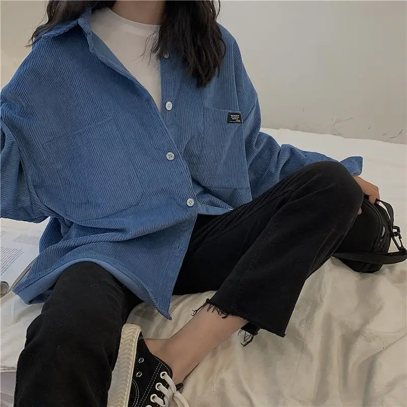 

Blouses Shirts Women Long Sleeve Corduroy Retro All-match Students Vintage Outwear Streetwear Leisure Loose Solid Autumn Chic