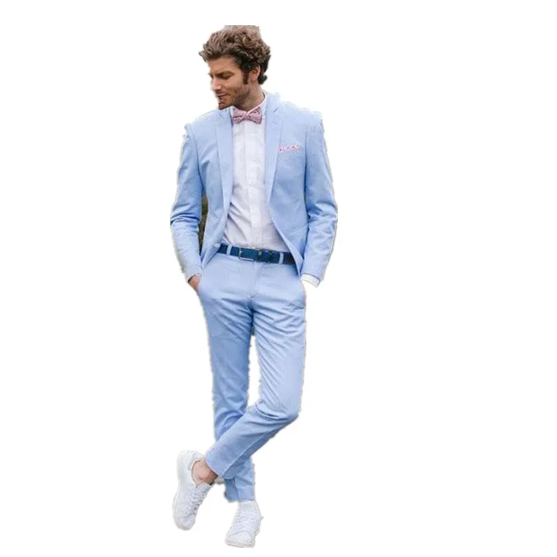

Casual Light Blue Slim Fit Wedding Tuxedos Two Buttons Notched Lapel Men's Prom Suit Custom Made Jacket and Pants Groom Dress