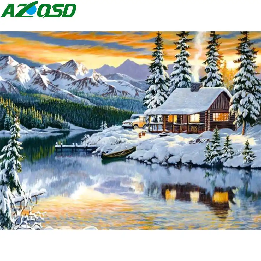 

AZQSD 5D Daimond Painting Mosaic Winter Landscae Diamond Embroidery Village Full Square Drill Needlework Home Decortion Gift