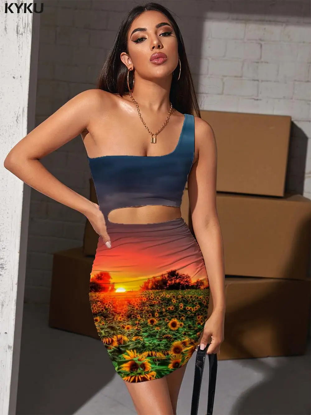 

KYKU Brand Sunflower Dresses Women Cloud Bodycon Dress Romantic 3d Print Sun Hollow out Dresses Womens Clothing Plus Size New