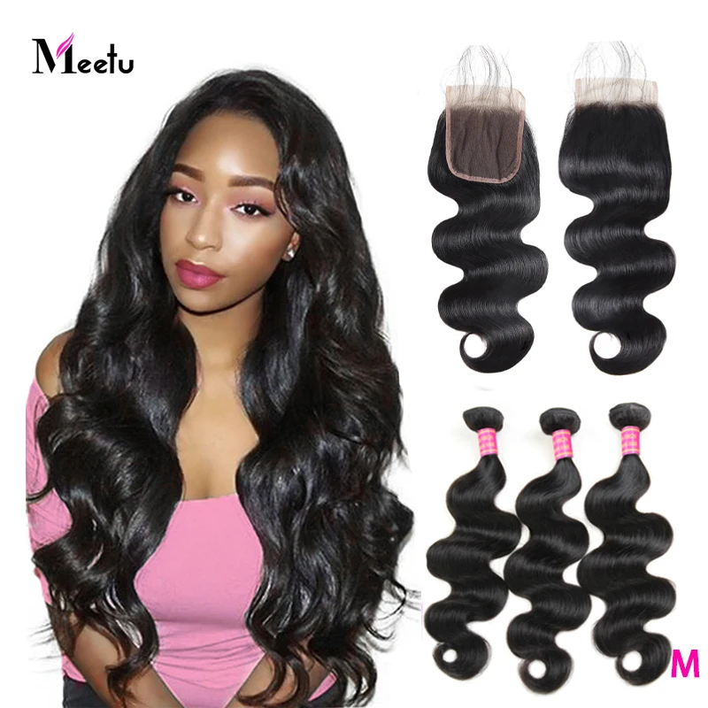 Meetu волнистые пряди с застежкой индийские человеческие волосы пучки 4x4 дюйма 3