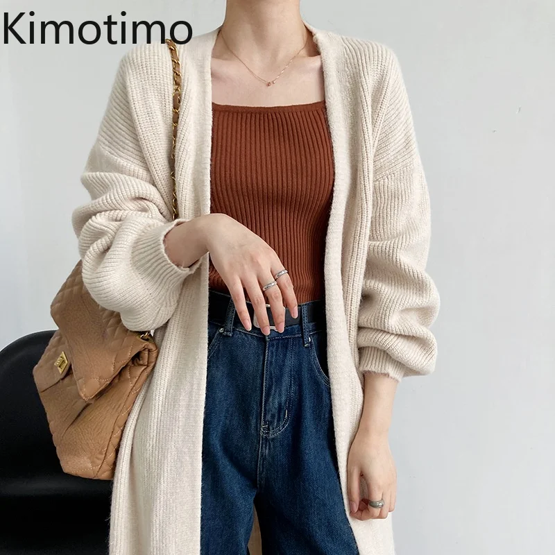 

Kimotimo Women Long Knitted Cardigan Korean Chic Simplicity Solid Long-sleeved Sweater Coat Autumn Winter Loose Casual Cardigans