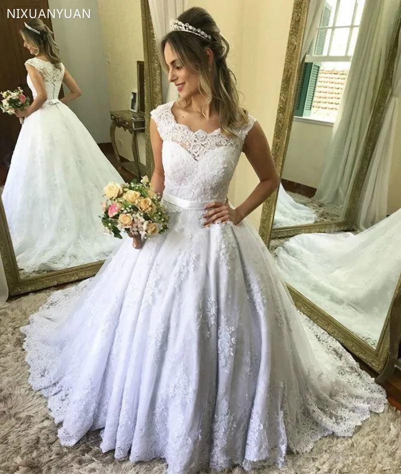

Кружевные свадебные платья бальное платье Scoop Кепки рукава Аппликации Свадебные платья в стиле кантри 2021 Свадебные платья Vestido De Novia