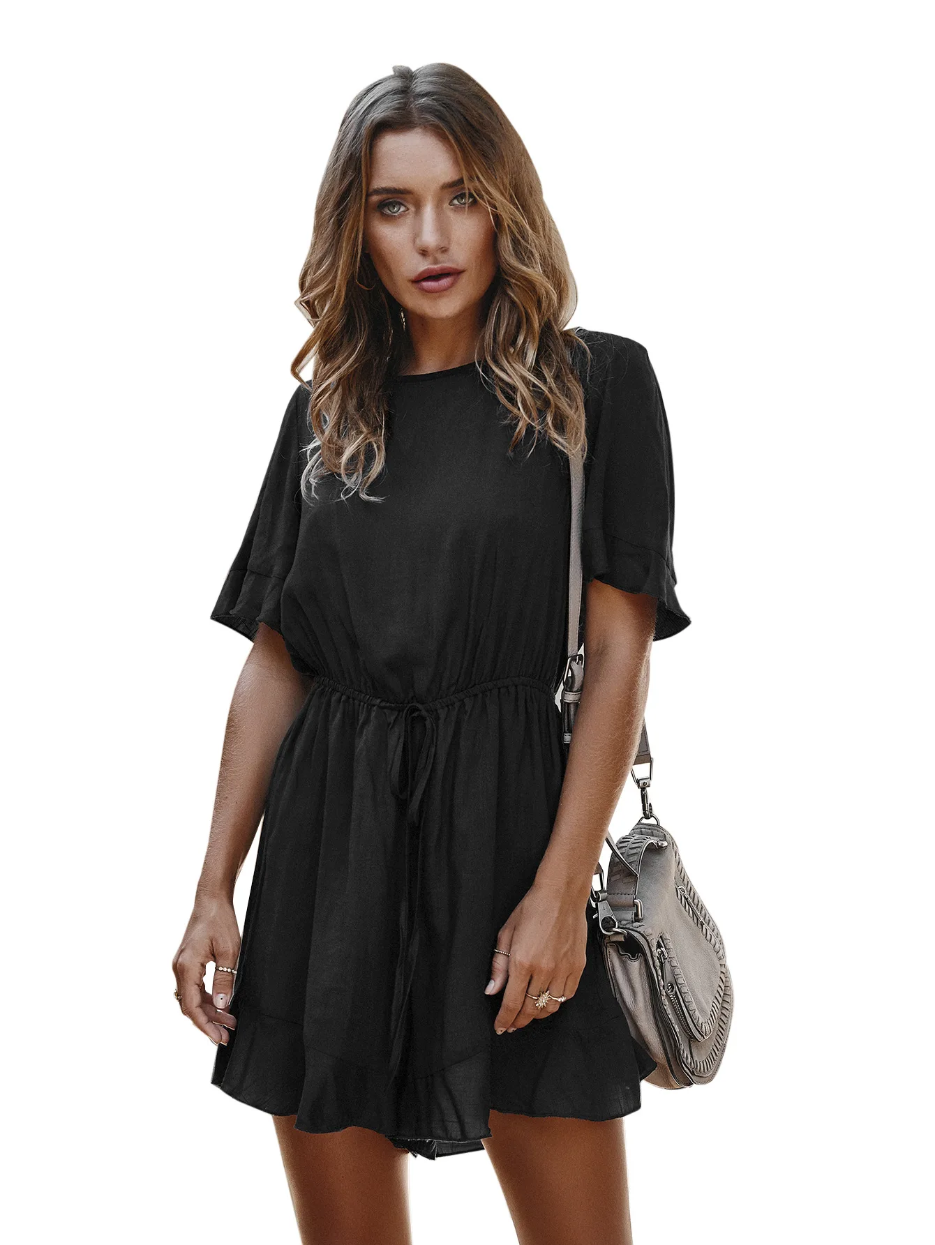 

Summer 2021 Women's Plain Color Resort Style Short Round Neck, Short Sleeves, Straps And Open Back Loose Jumpsuit