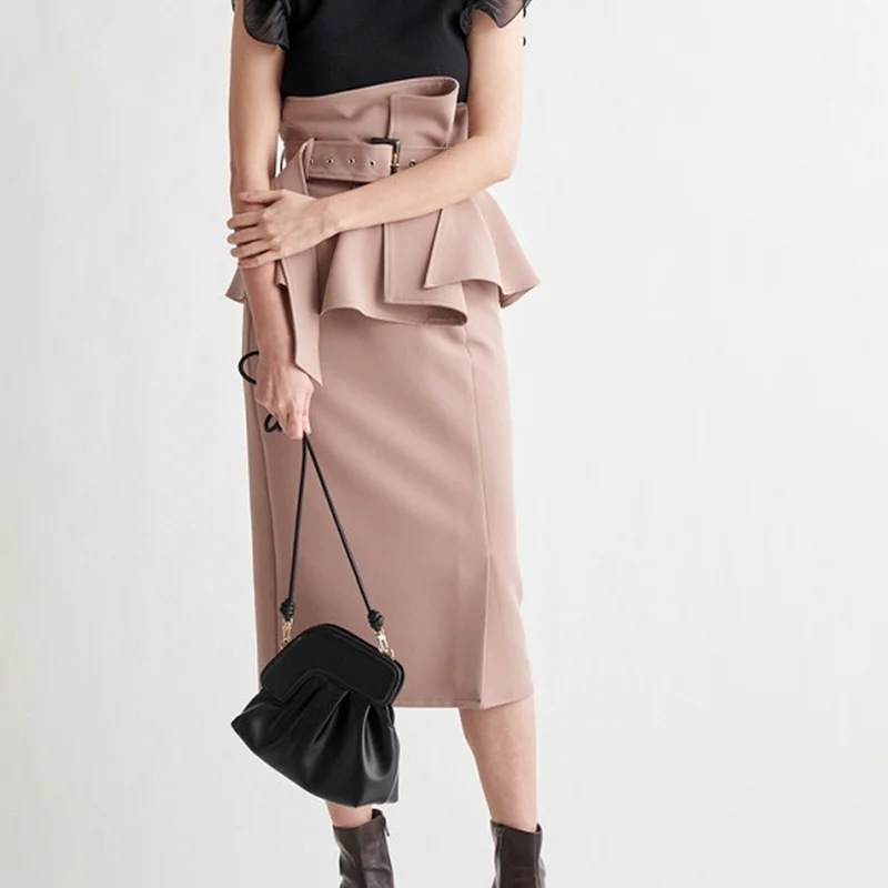 

Женская юбка с высокой талией, однотонная прямая юбка с оборками, на завязках, осень 2021