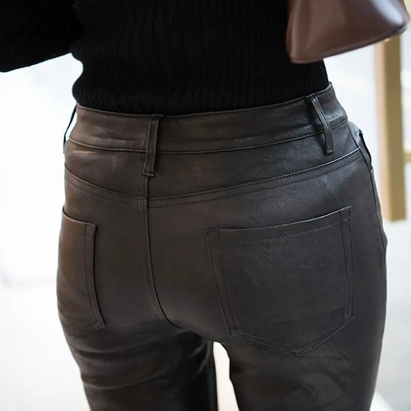 

Fashion Genuine Leather Stretch Pants Womens Pleated Ankle-Length Sheepskin Pants Pockets Natural Waist Skinny Flare Pants