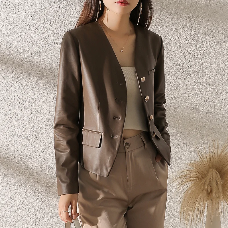 

SHZQ 2021 Autumn and Winter New Leather Clothes Women's Sheepskin Suit Short Slim Leather Jacket