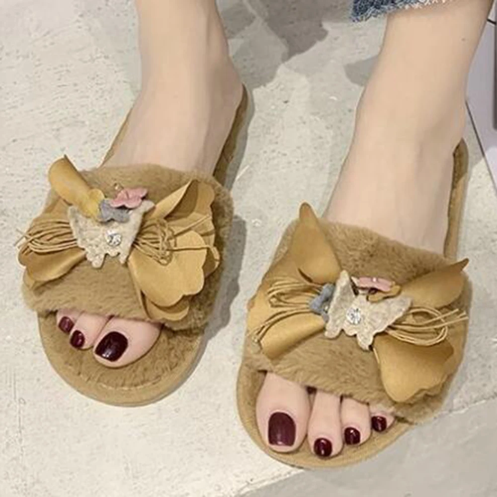 Женские тапочки Зимняя обувь для женщин Новая модная с бантом и капюшоном на плюшевой подкладке шлепанцы