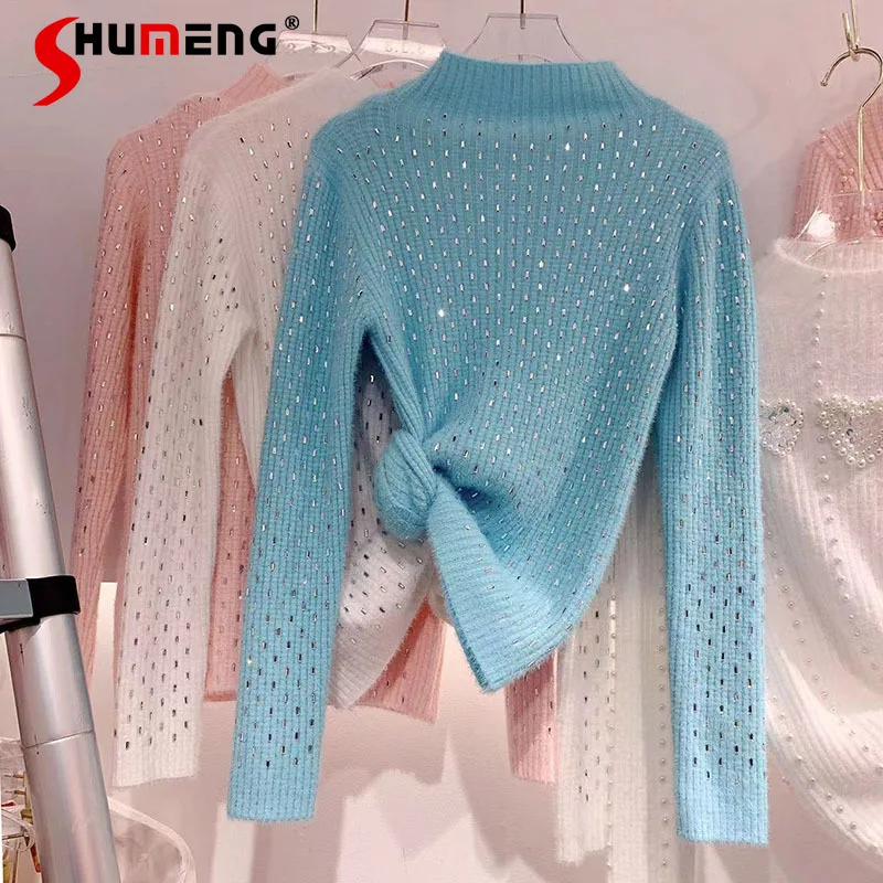 

Лидер продаж, вязаная нижняя рубашка, Женский пуловер с воротником «хомут», свежий розовый свитер, внутренняя одежда, осень-зима 2021, свитер