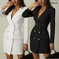 elegant women coats long sleeve v neck double breasted bodycon coats dress ladies office mini dress coat