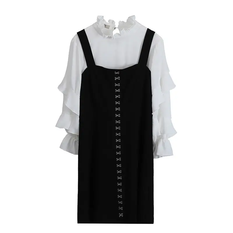 

New Plus Size Two Piece Women Set Long Sleeve Solid Shirt+Suspended Dress Set 2019 Autumn Women 2 Piece Large Size Sets Outfits